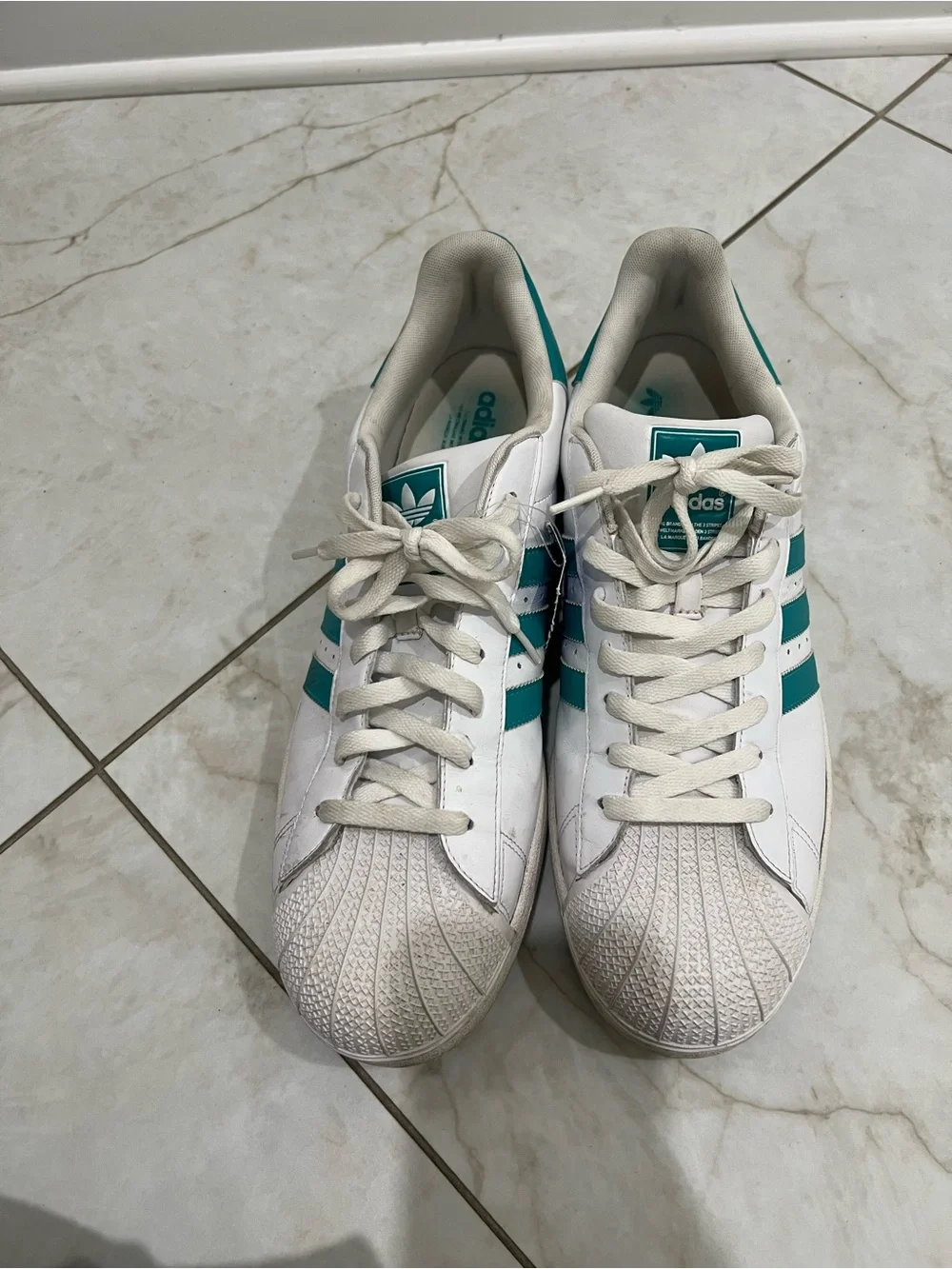 Adidas White / Teal Blue Superstar Sneakers Size 15 US